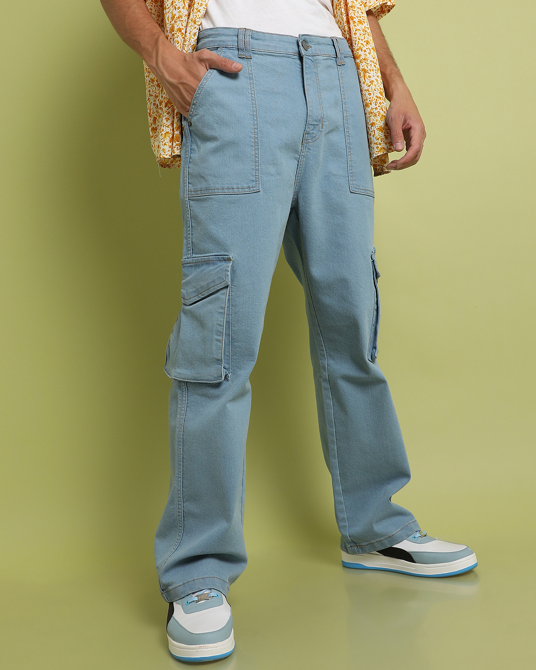 Shop Men's Blue Relaxed Fit Cargo Denim Jeans-Back