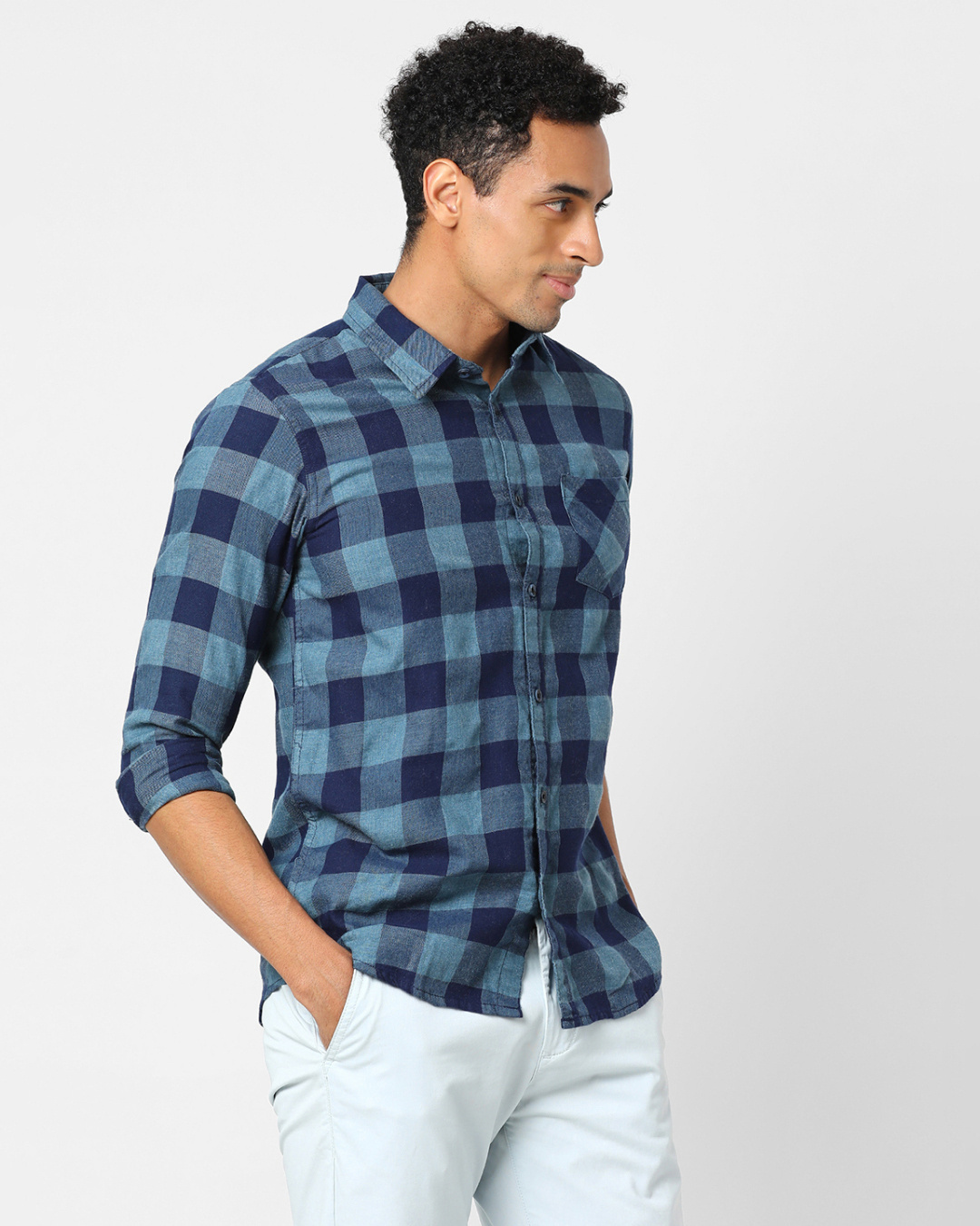 Shop Men's Blue Checked Cotton Shirt-Back