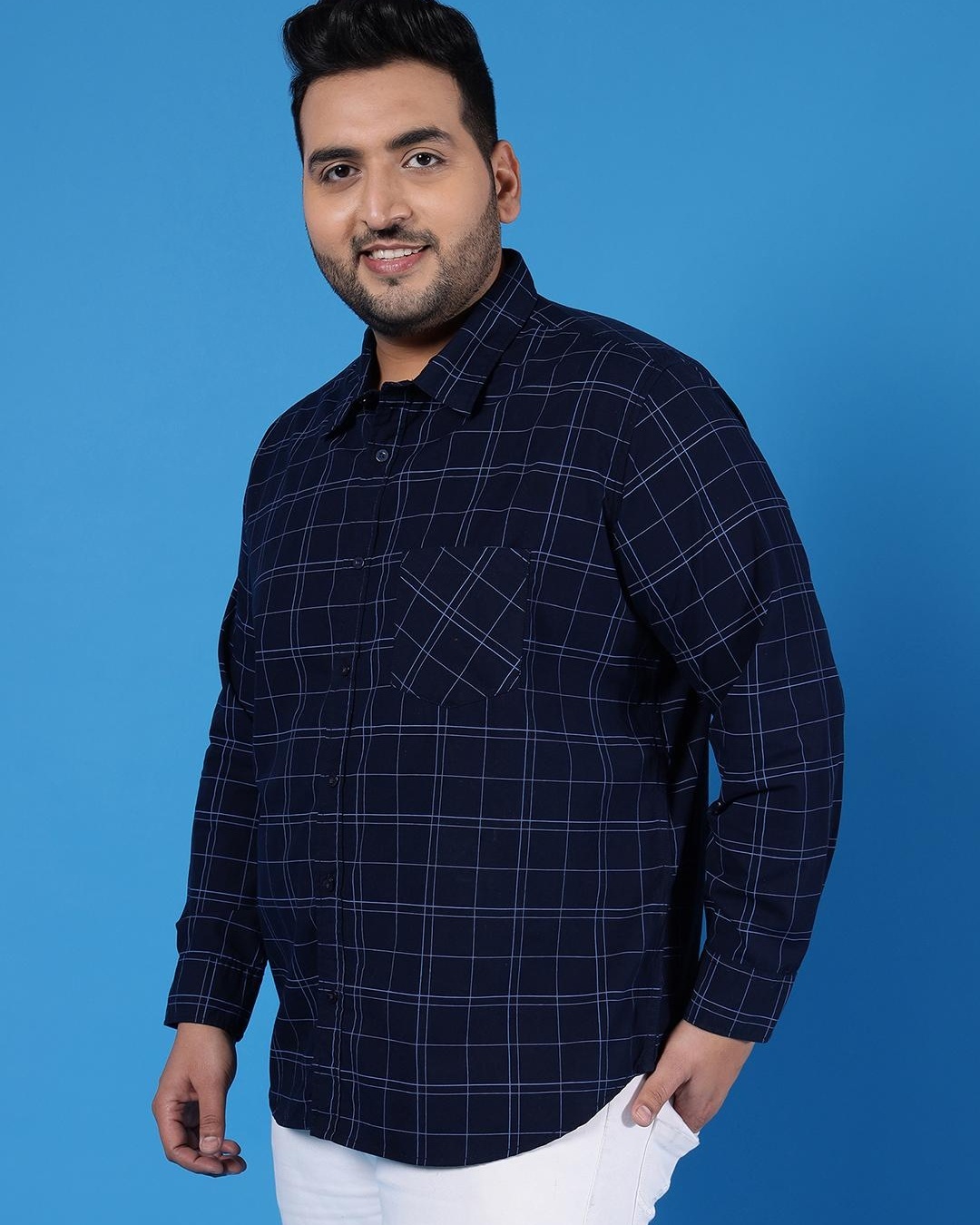 Shop Men's Blue Checked Plus Size Shirt-Back