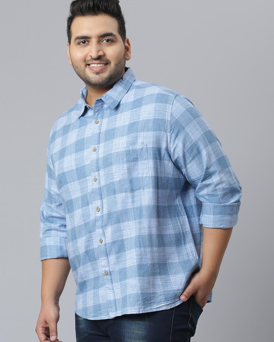 Shop Men's Blue Checked Plus Size Shirt-Back