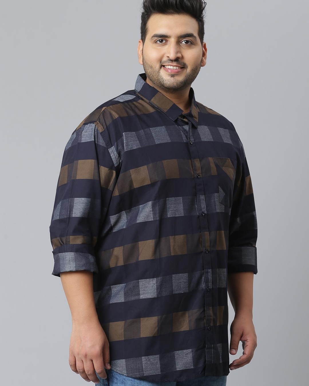 Shop Men's Blue Checked Plus Size Shirt-Back