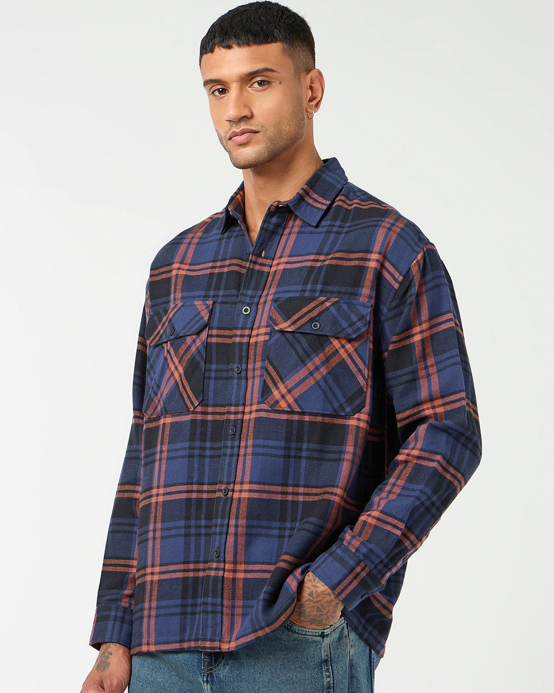 Shop Men's Blue & Orange Checked Oversized Shirt-Back