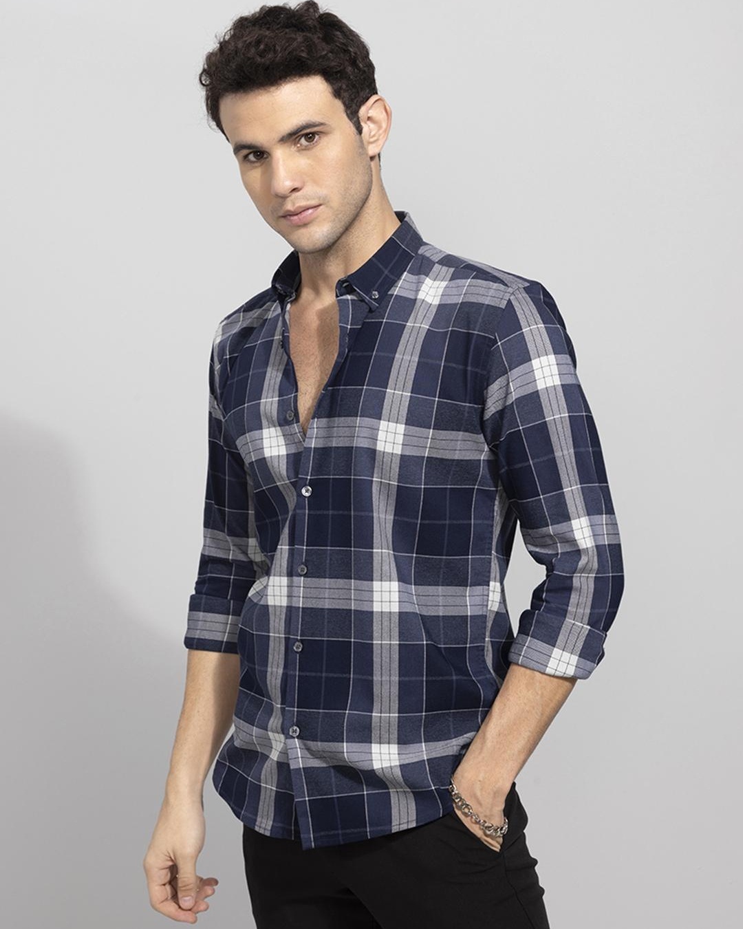 Shop Men's Blue Checked Slim Fit Shirt-Back