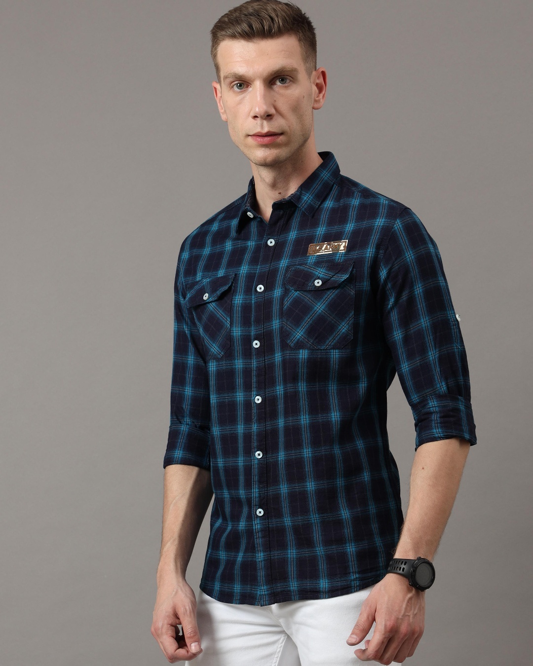 Men's Blue Standard Slim Fit Checked Spread Collar Cotton Casual Shirt