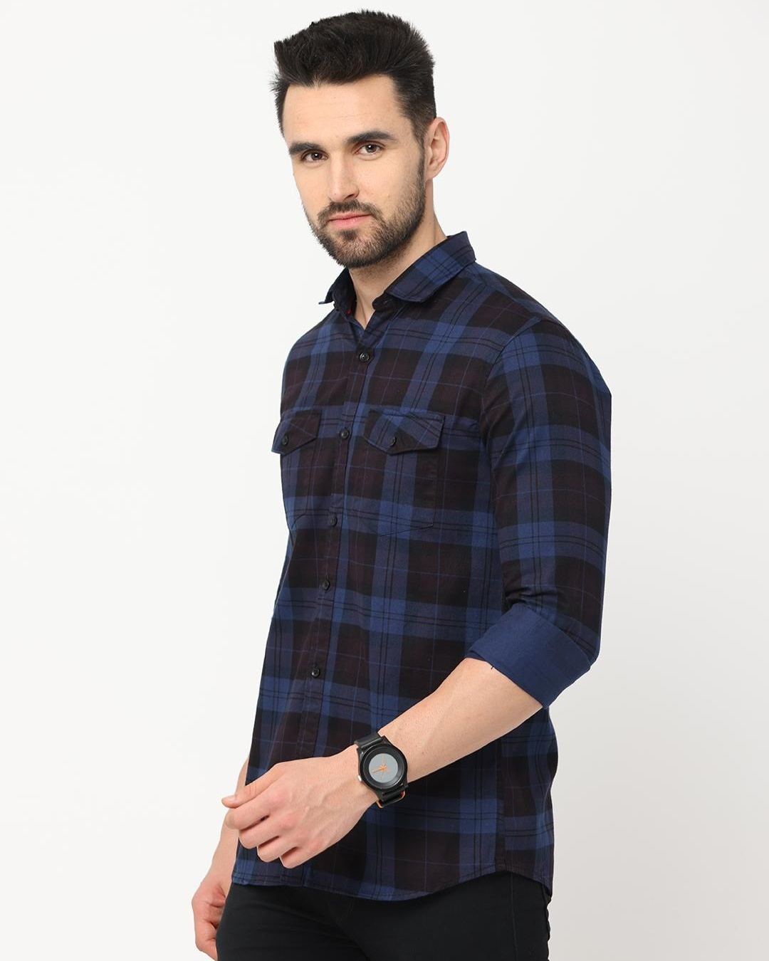 Shop Men's Blue Checked Slim Fit Shirt-Back