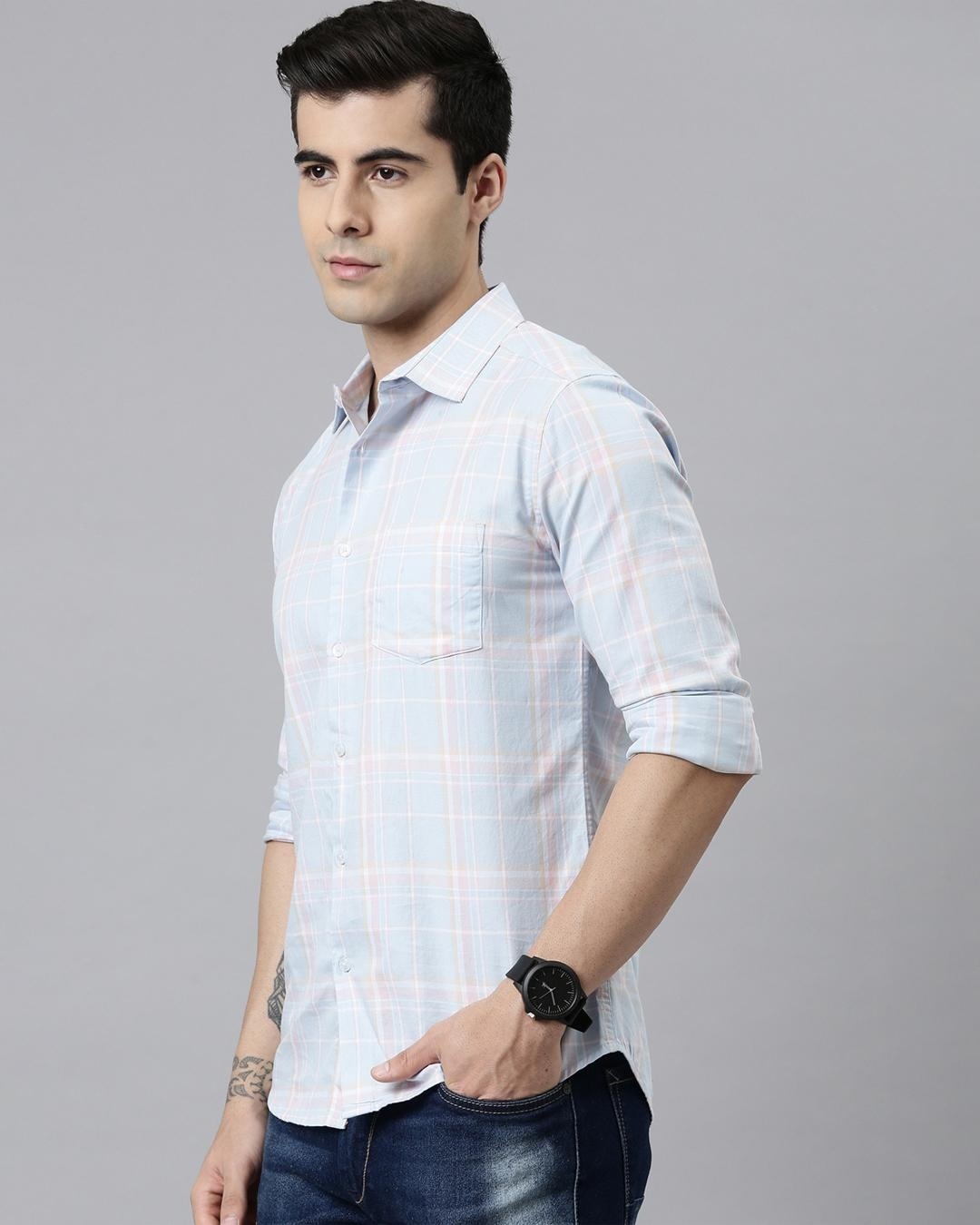 Shop Men's Blue Checked Slim Fit Shirt-Back