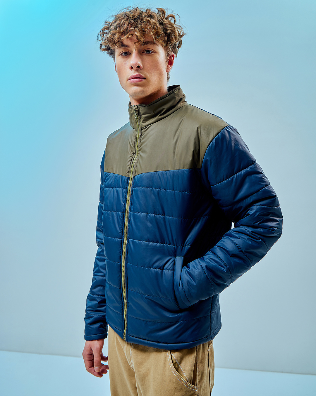 Shop Men's Blue & Green Color Block Oversized Puffer Jacket-Back