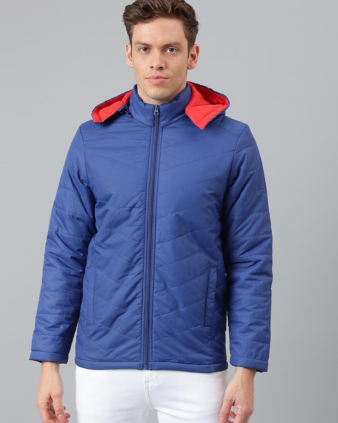 Buy Men's Blue Color Block Puffer Hooded Jacket Online at Bewakoof