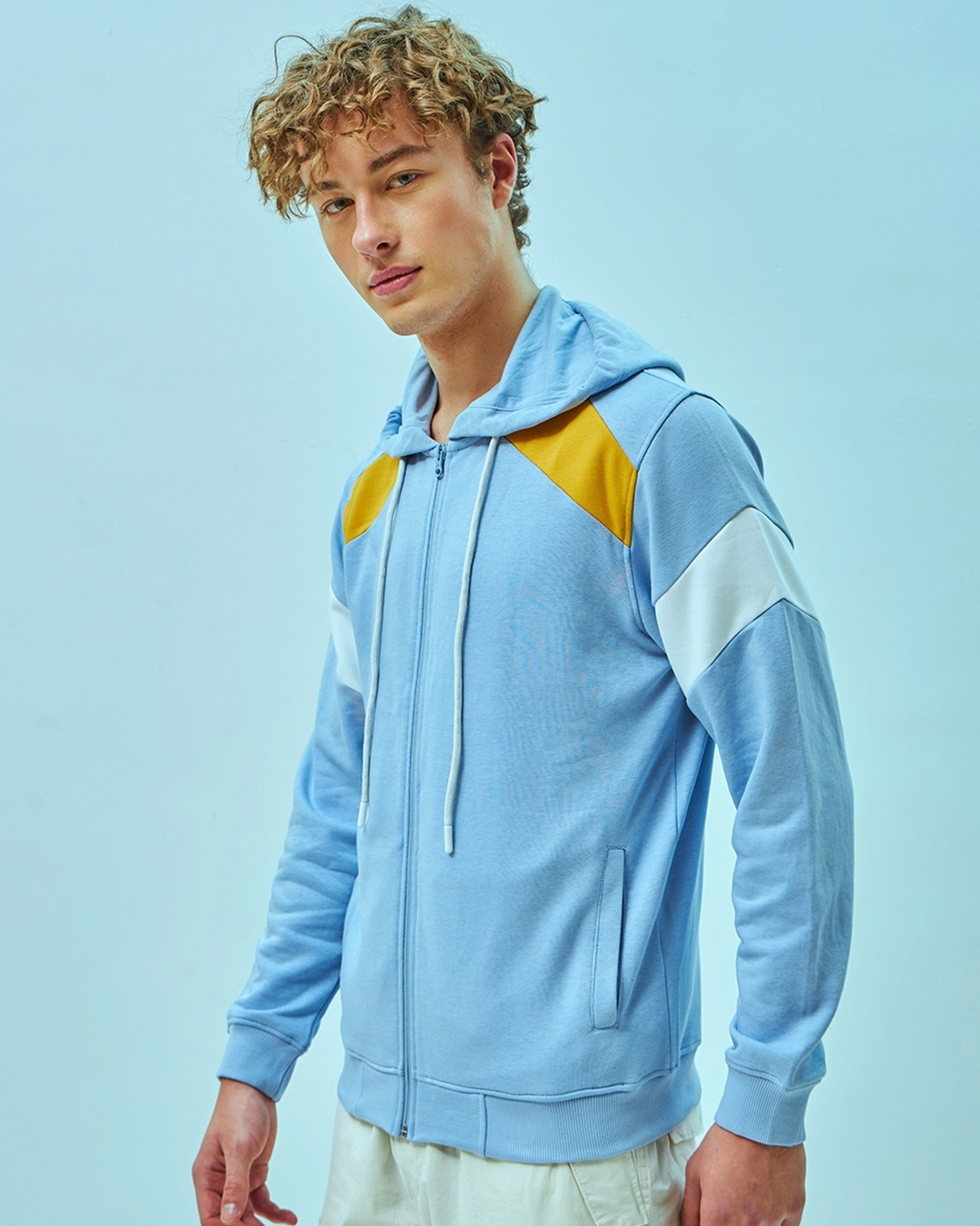 Shop Men's Blue Color Block Zipper Hoodies-Back