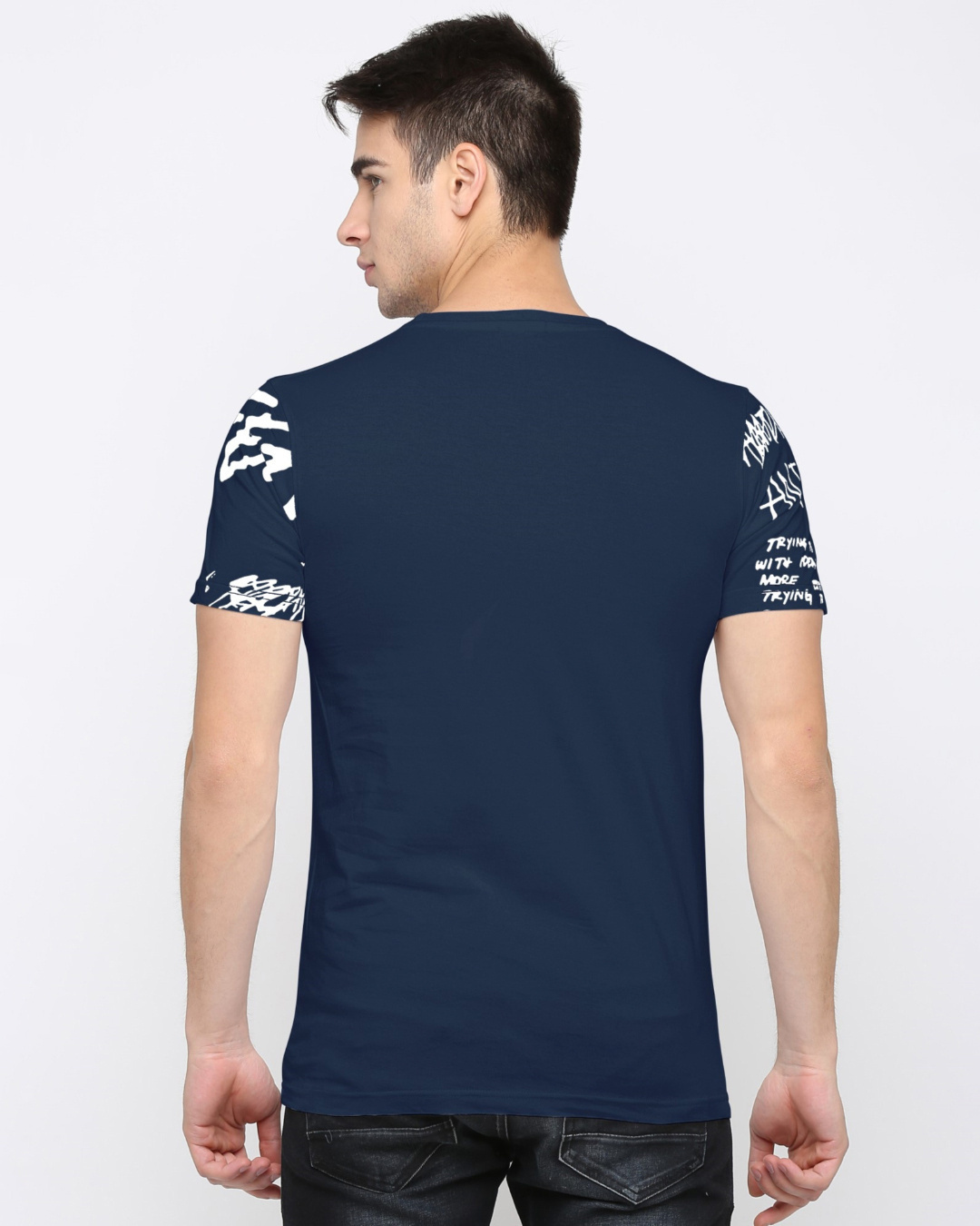 Shop Men's Blue Cotton Typography Slim Fit T-shirt-Back