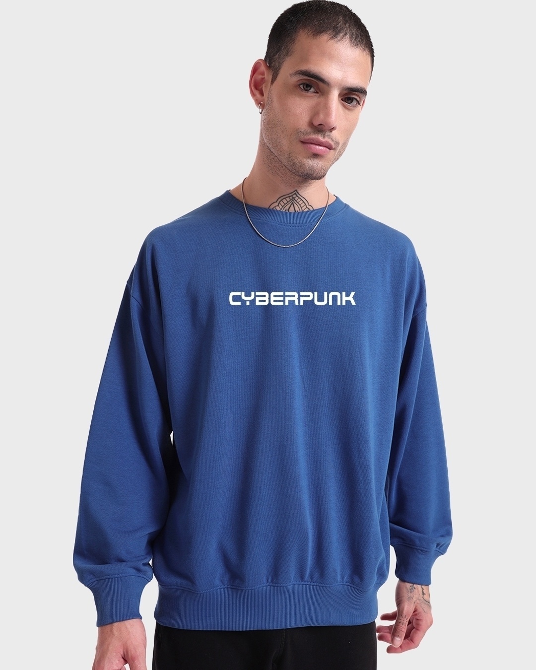 Shop Men's Blue Cyberpunk Graphic Printed Oversized Sweatshirt-Back