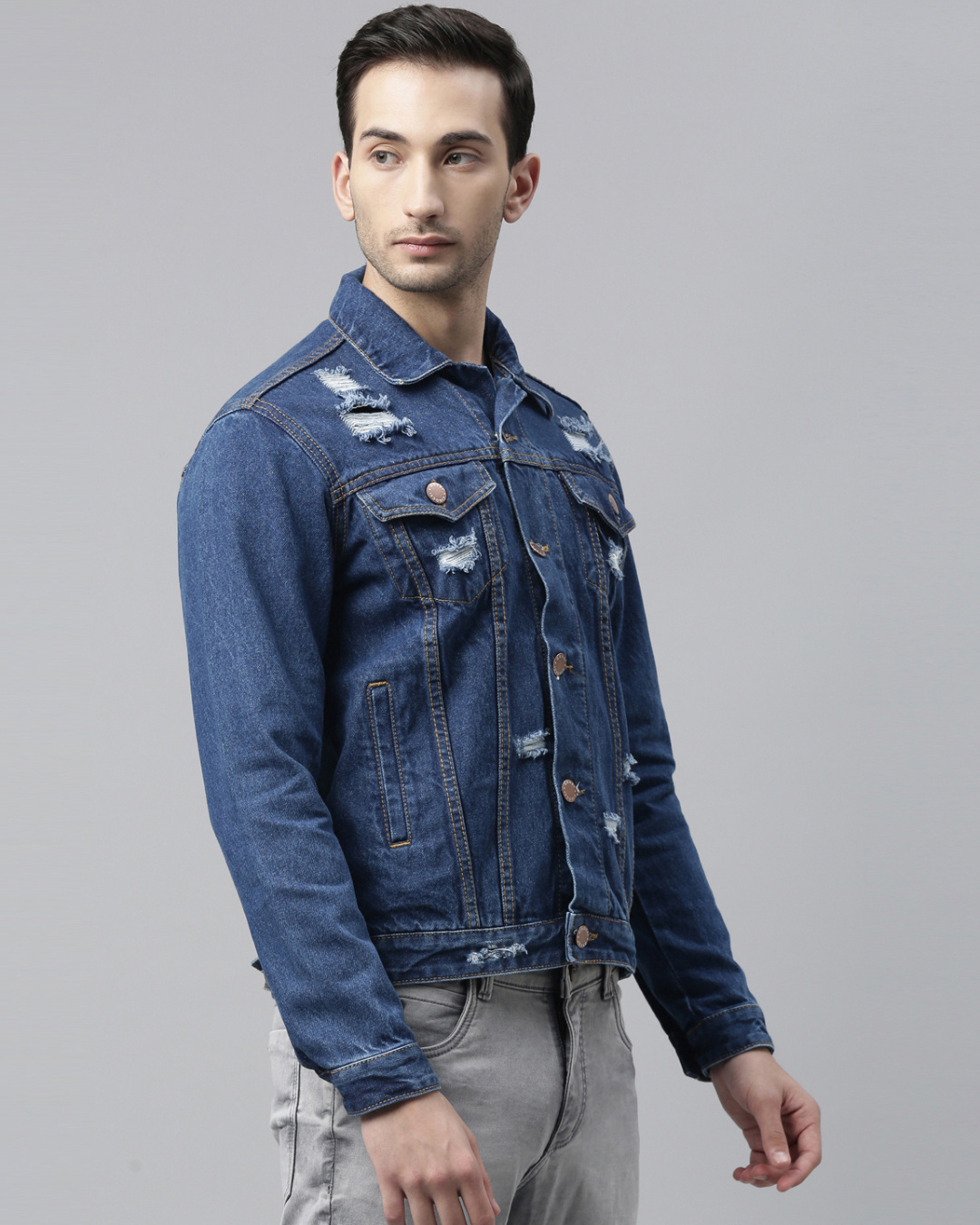 Shop Men's Blue Distress Slim Fit Denim Jacket-Back