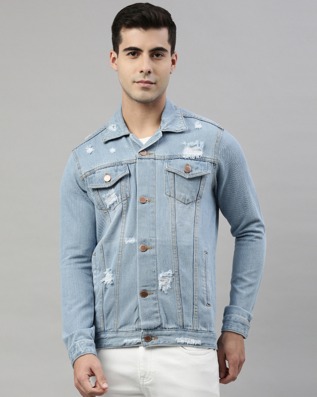Buy Men's Blue Distress Slim Fit Denim Jacket Online at Bewakoof