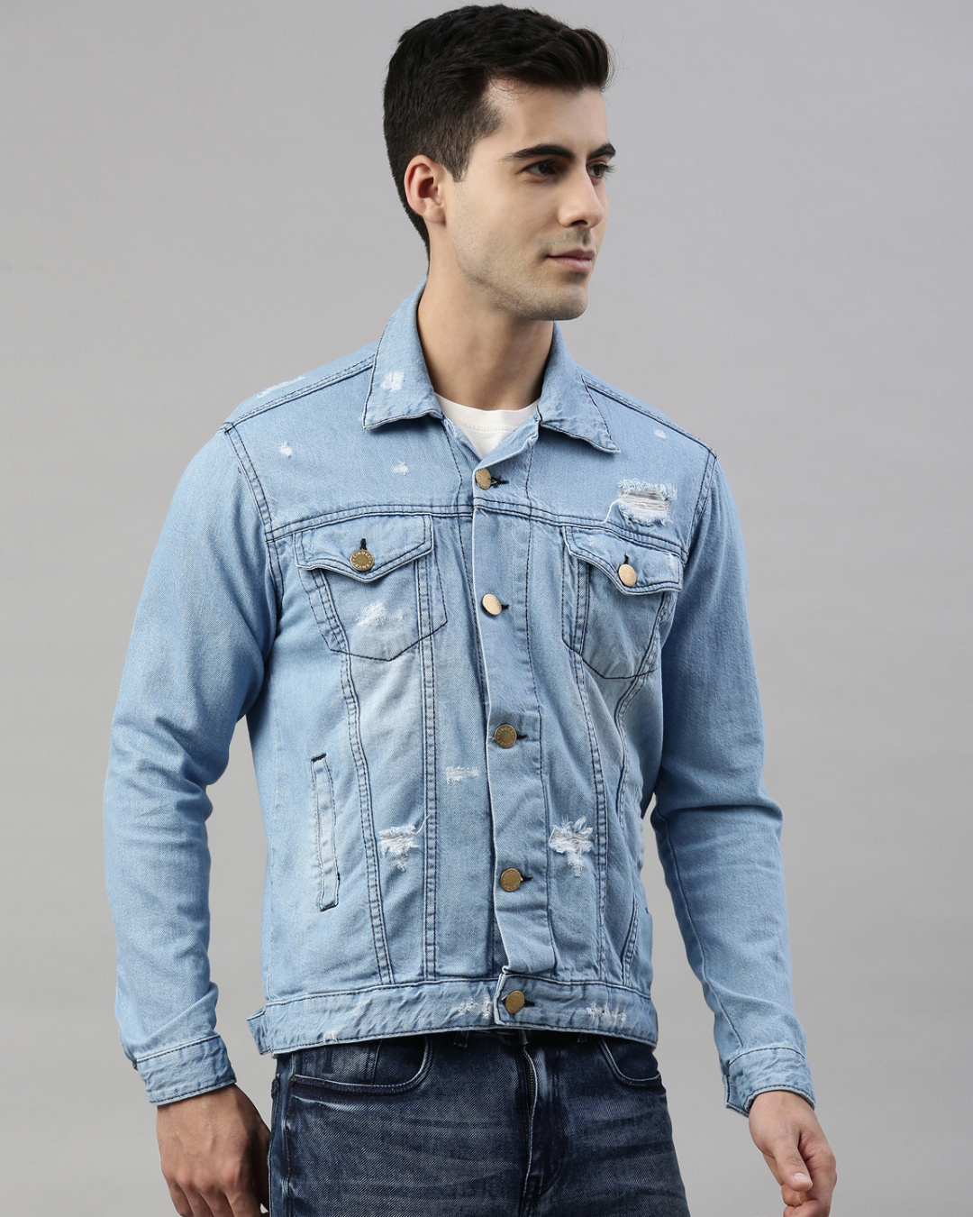 Shop Men's Blue Distress Slim Fit Denim Jacket-Back