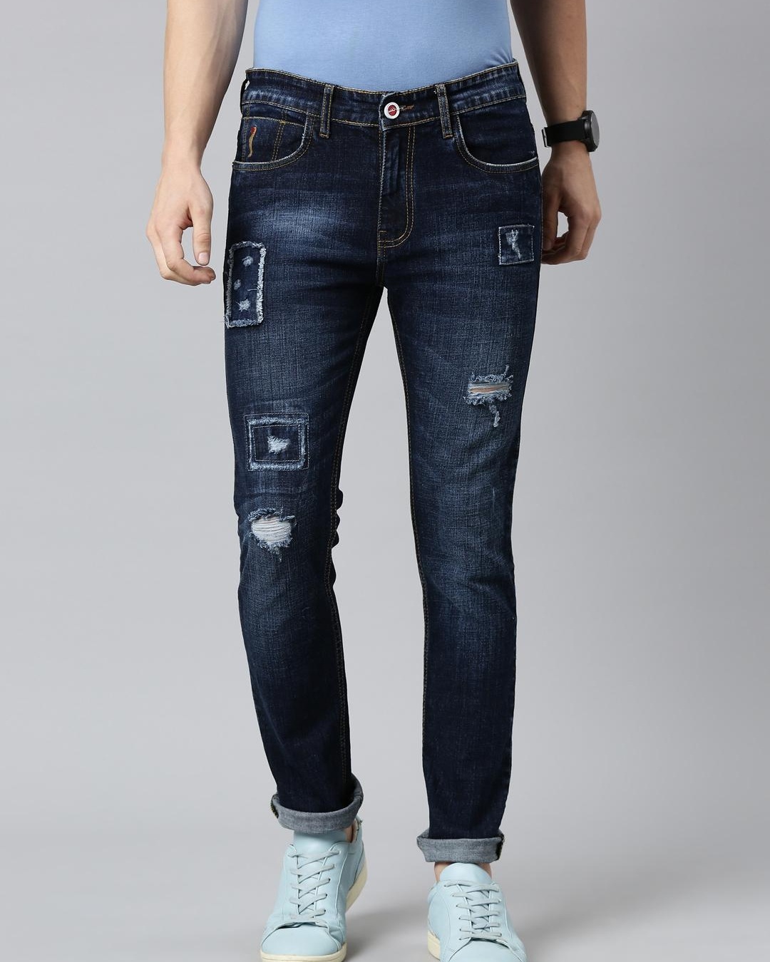 Buy Men's Blue Distressed Patch Slim Fit Jeans Online at Bewakoof