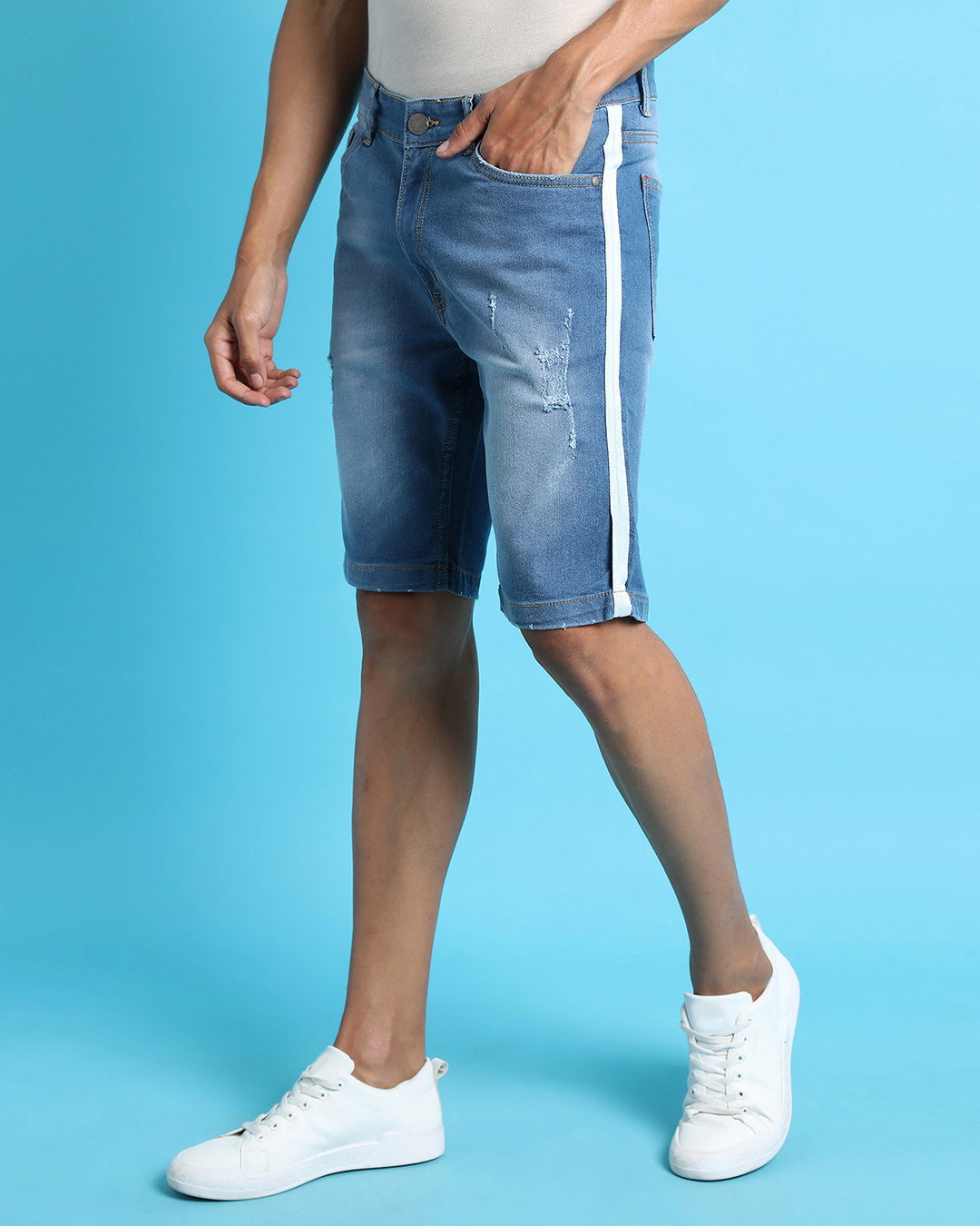 Shop Men's Blue Washed Distressed Slim Fit Denim Shorts-Back