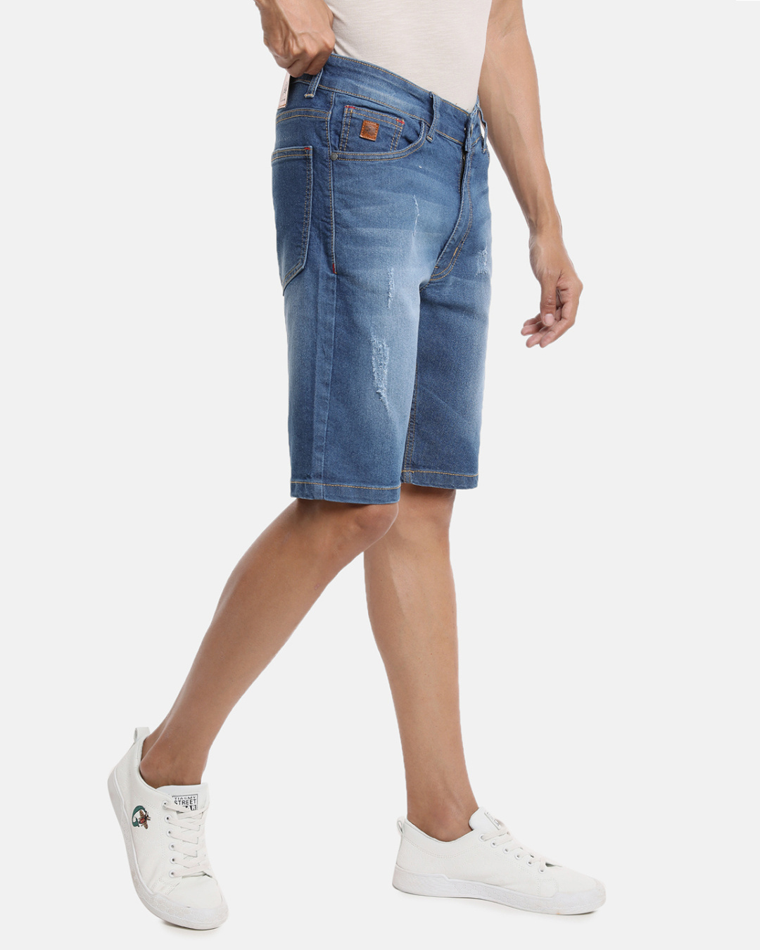 Shop Men's Blue Washed Distressed Slim Fit Denim Shorts-Back