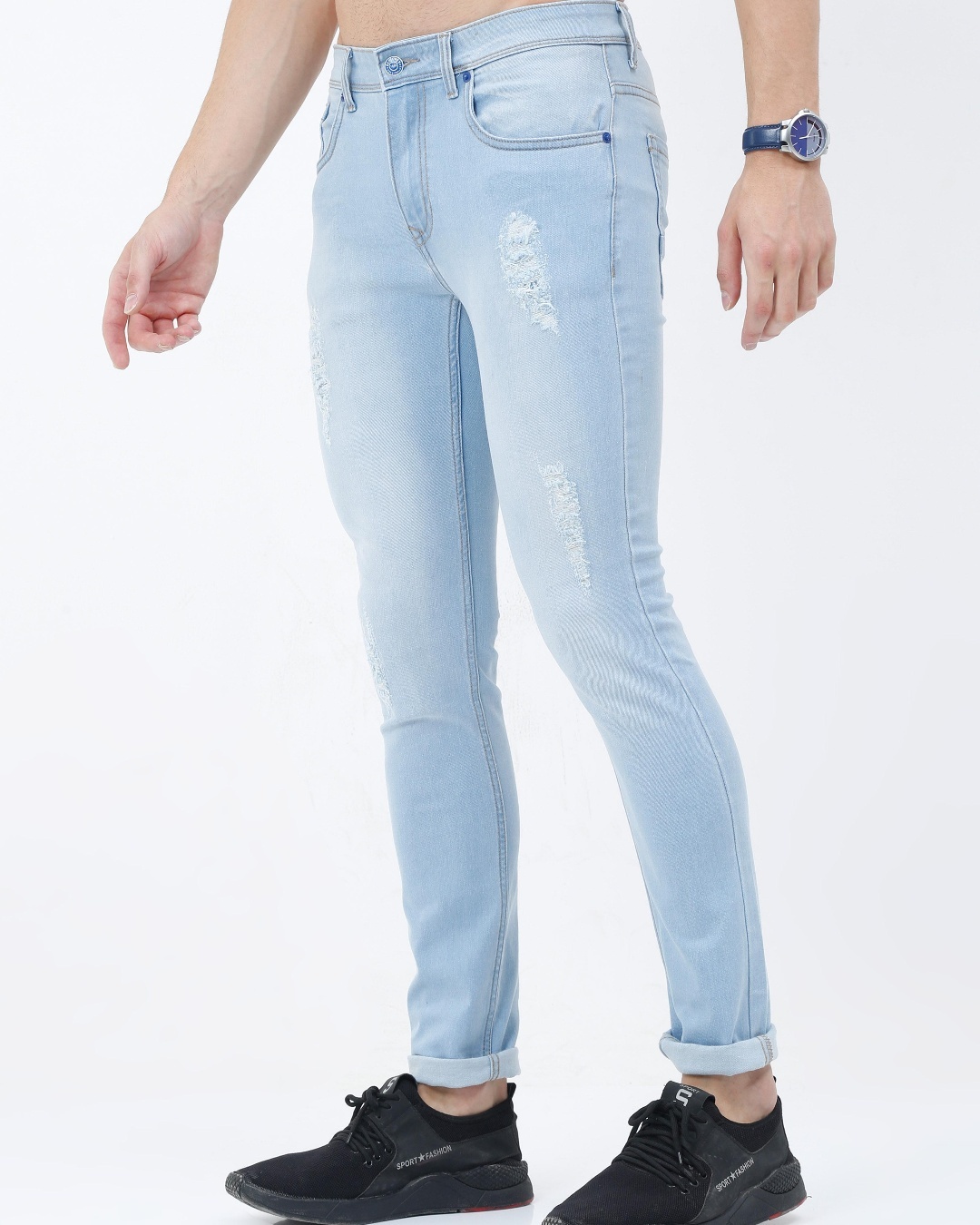 Shop Men's Blue Distressed Slim Fit Jeans-Back