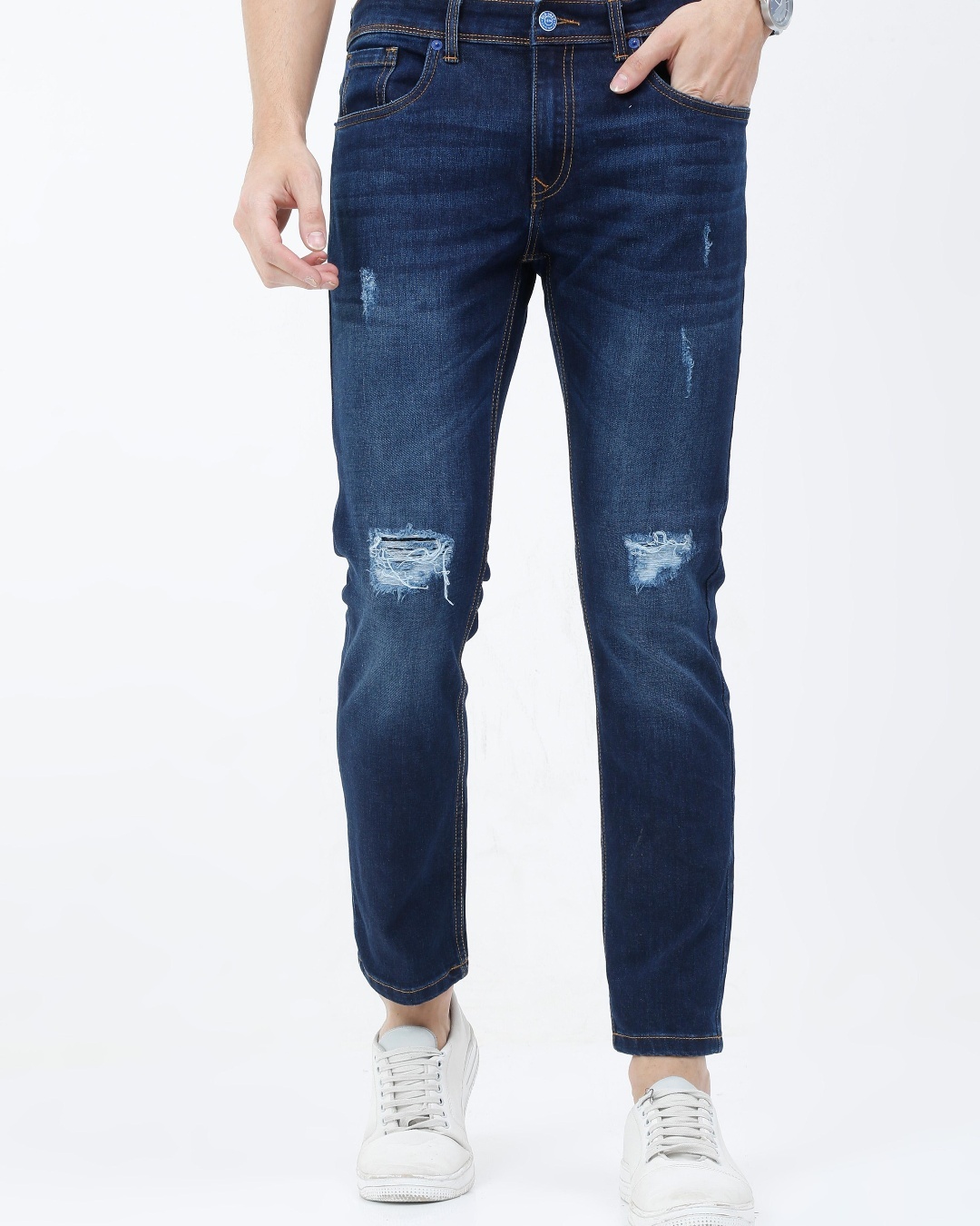 Buy Men's Blue Distressed Slim Fit Jeans for Men Blue Online at Bewakoof