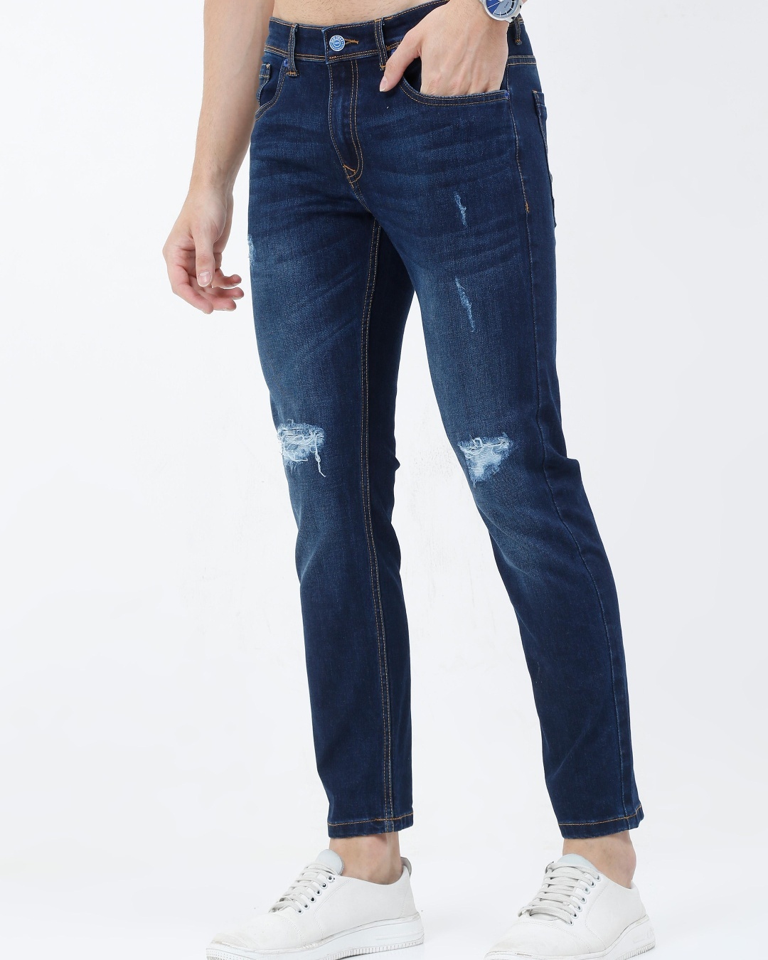 Shop Men's Blue Distressed Slim Fit Jeans-Back