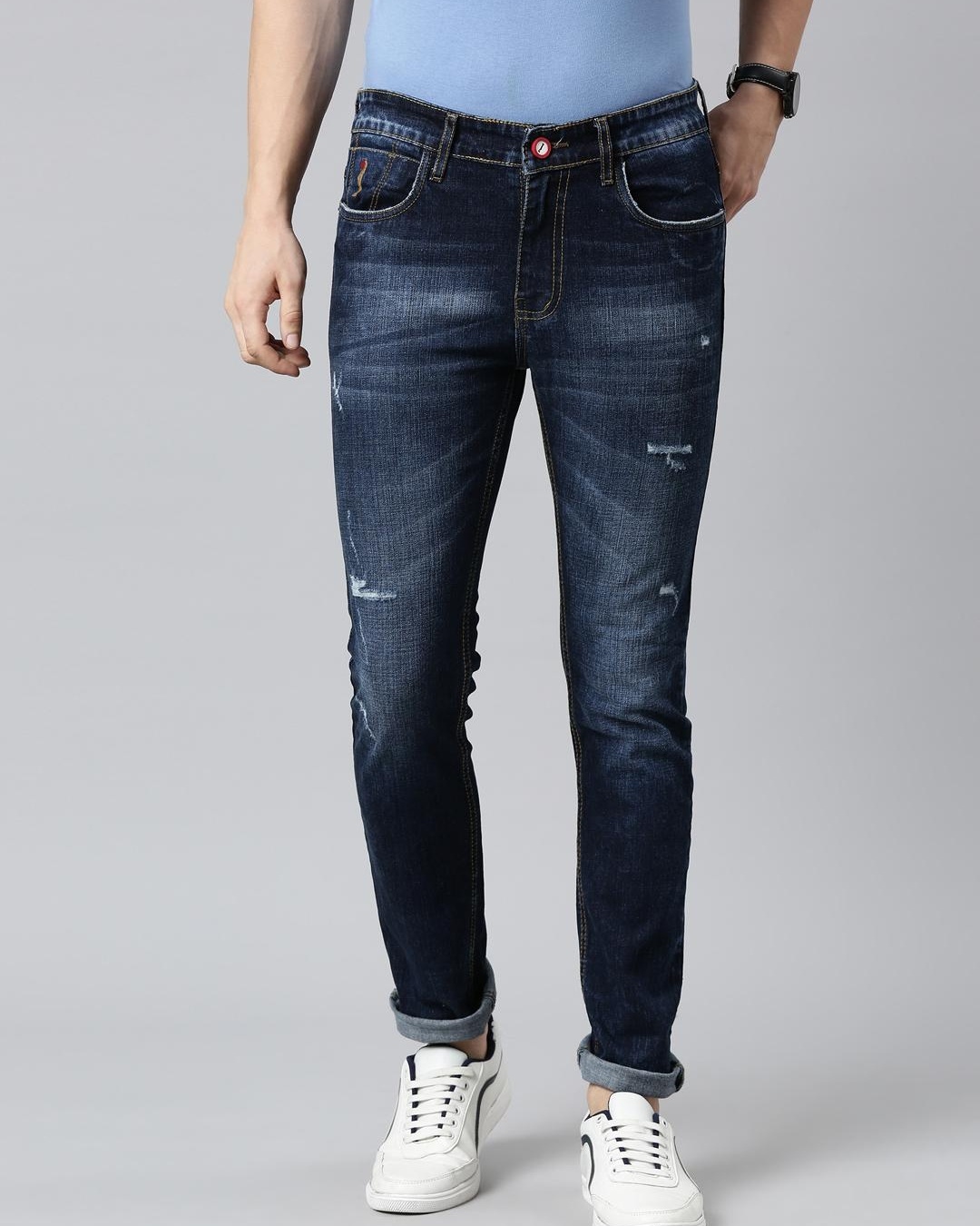 Buy Men's Blue Distressed Slim Fit Jeans Online at Bewakoof