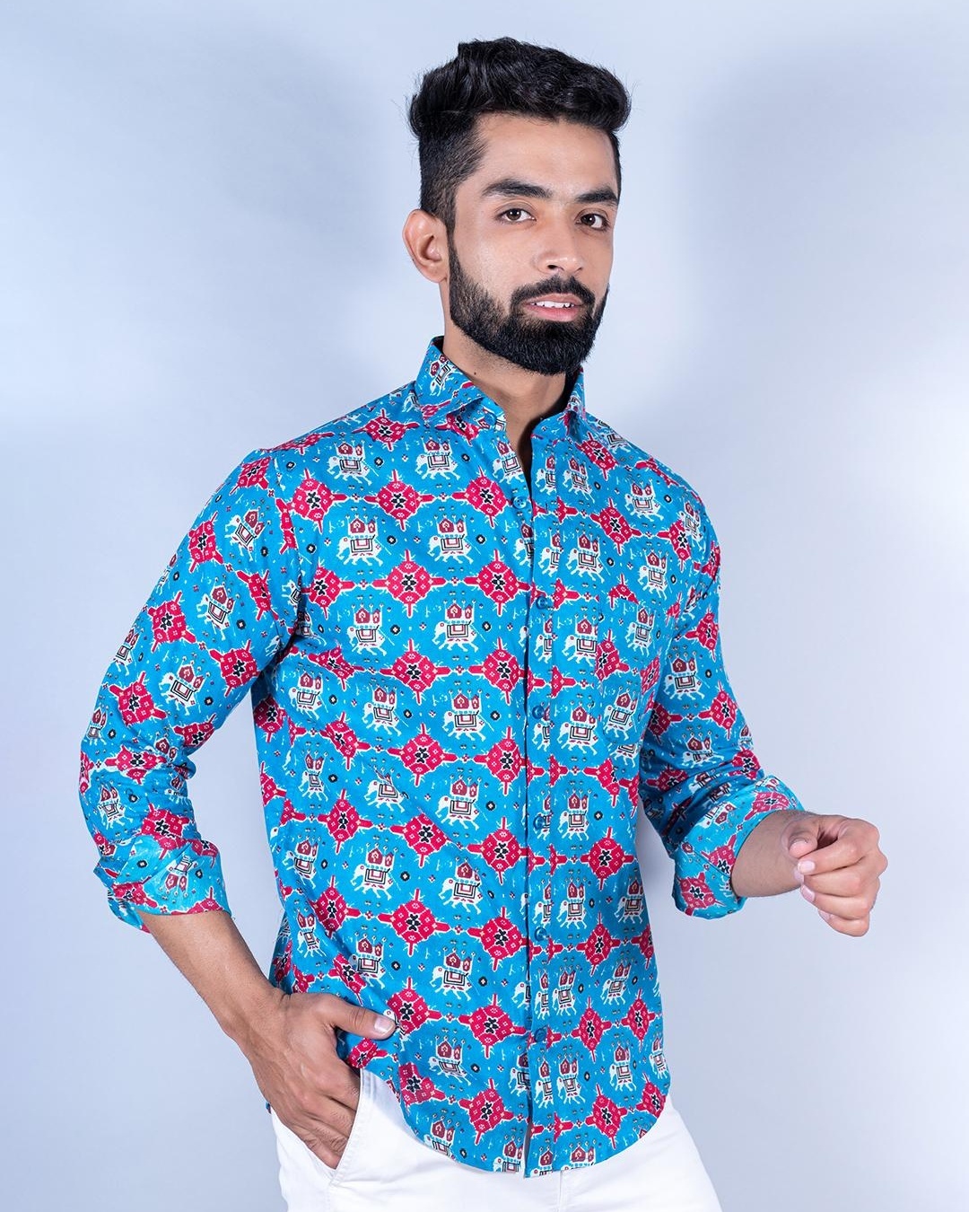 Shop Men's Blue Elephant Ikat Geometric Printed Relaxed Fit Shirt-Back