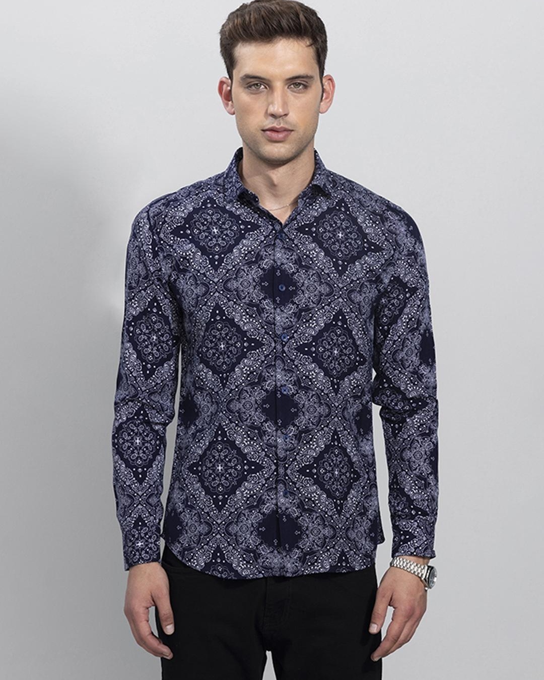 Buy Men's Blue Ethnic Motif Printed Slim Fit Shirt for Men Blue Online ...