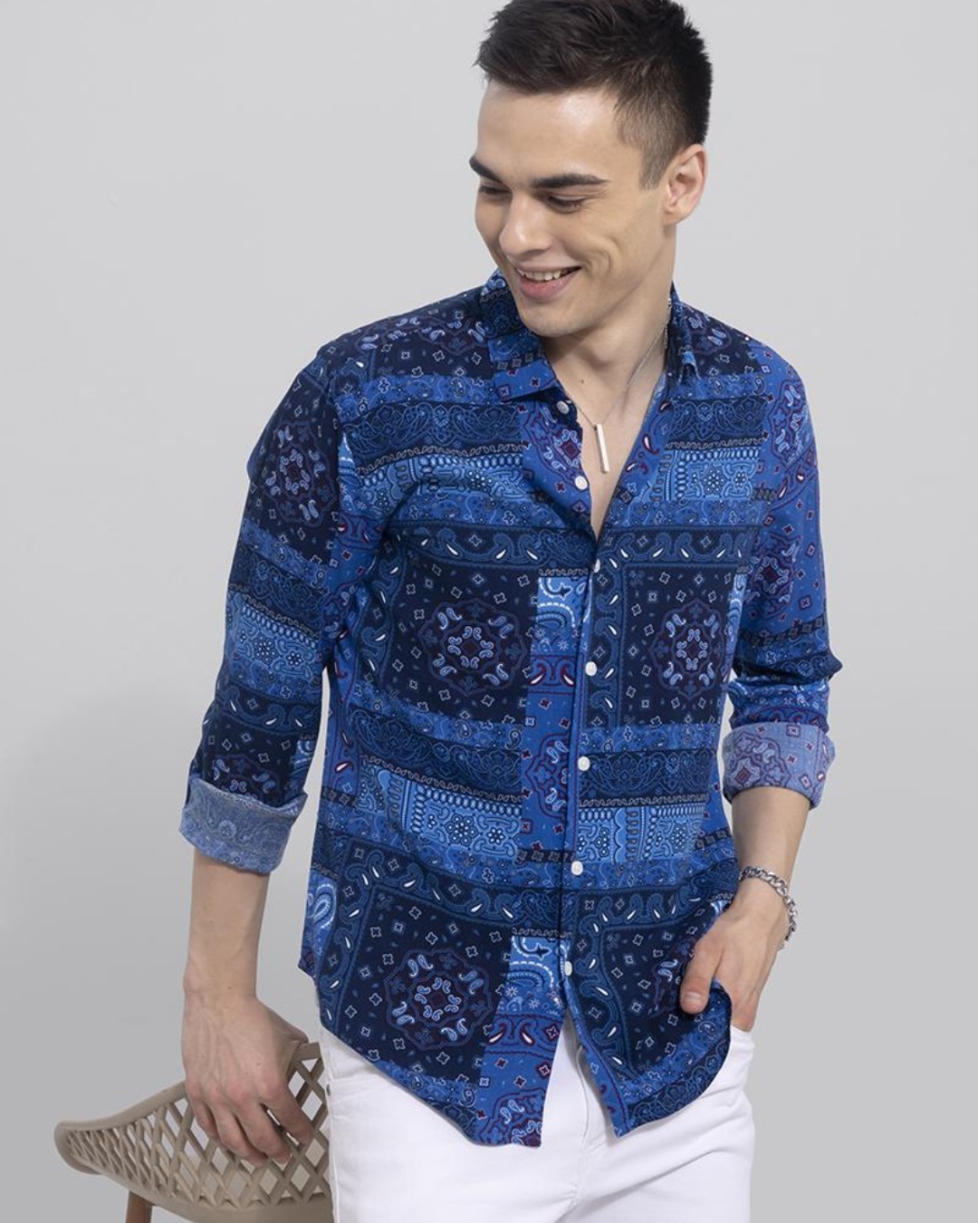 Shop Men's Blue Ethnic Motif Printed Slim Fit Shirt-Back