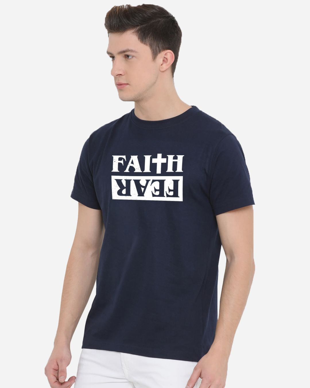 Shop Men's Blue Faith Fear Typography T-shirt-Back