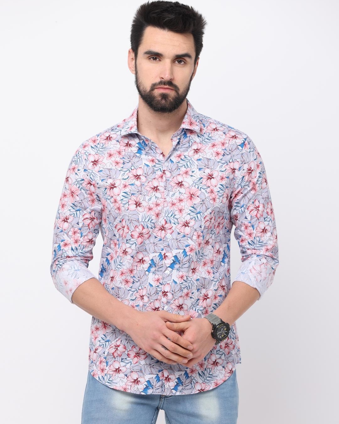 Men's Blue Slim Fit Floral Printed Cotton Casual Shirt
