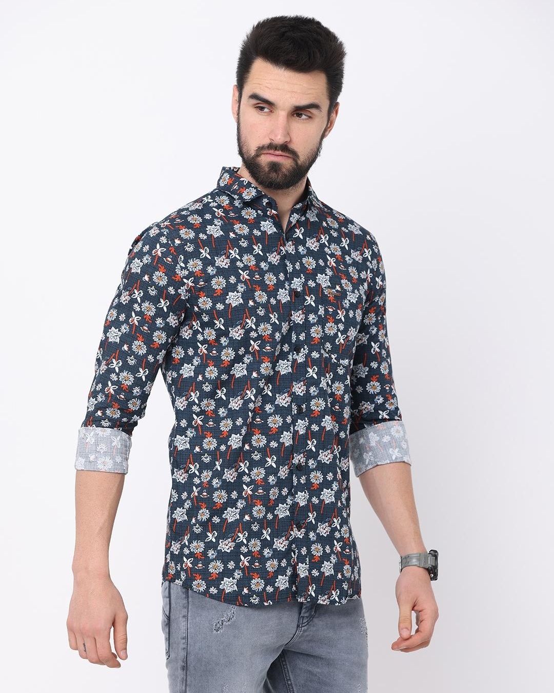 Shop Men's Blue Floral Printed Slim Fit Shirt-Back