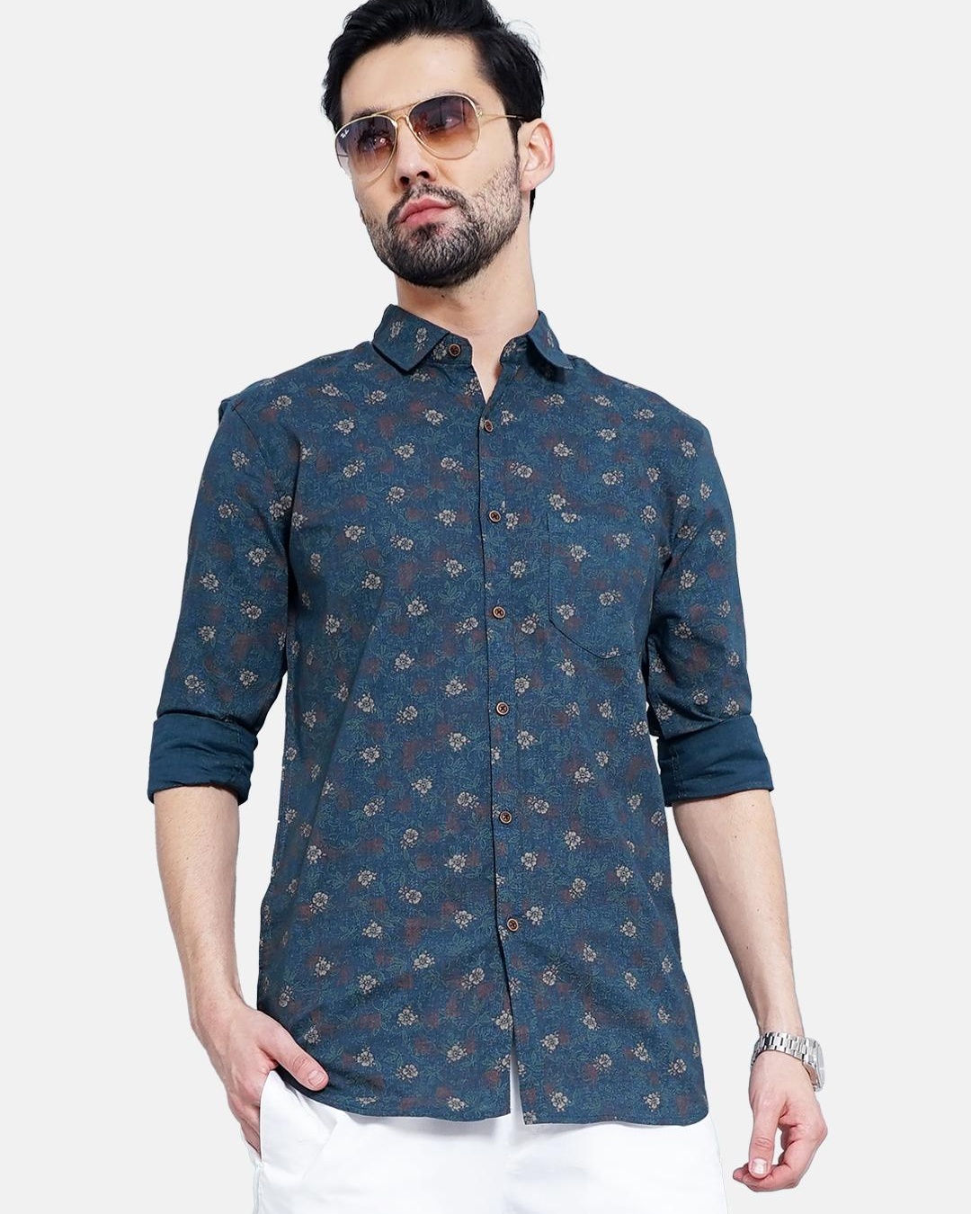 Men's Blue Premium Floral Printed Cotton Casual Shirt main image 0