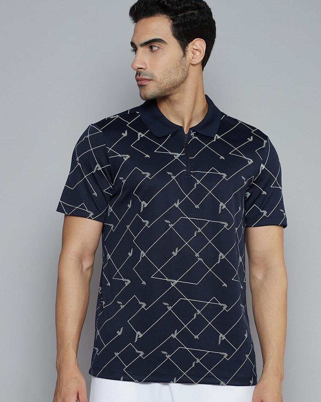 Buy Men's Blue Geometric Printed Slim Fit Polo T-shirt for Men Blue ...