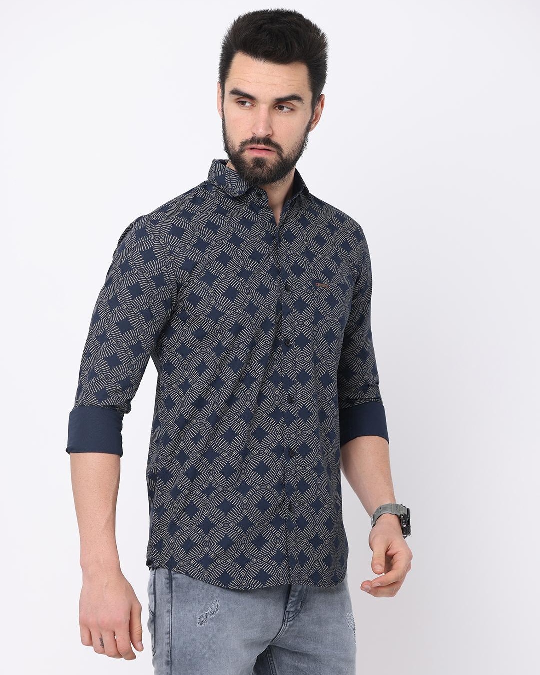 Shop Men's Blue Geometric Printed Slim Fit Shirt-Back