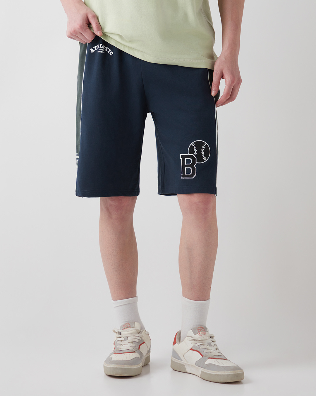 Shop Men's Blue & Grey Athletic Color Block Oversized Varsity Shorts-Back