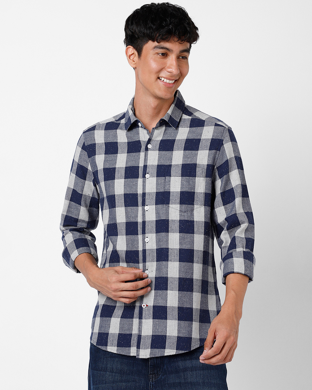 Shop Men's Blue & Grey Checked Shirt-Back