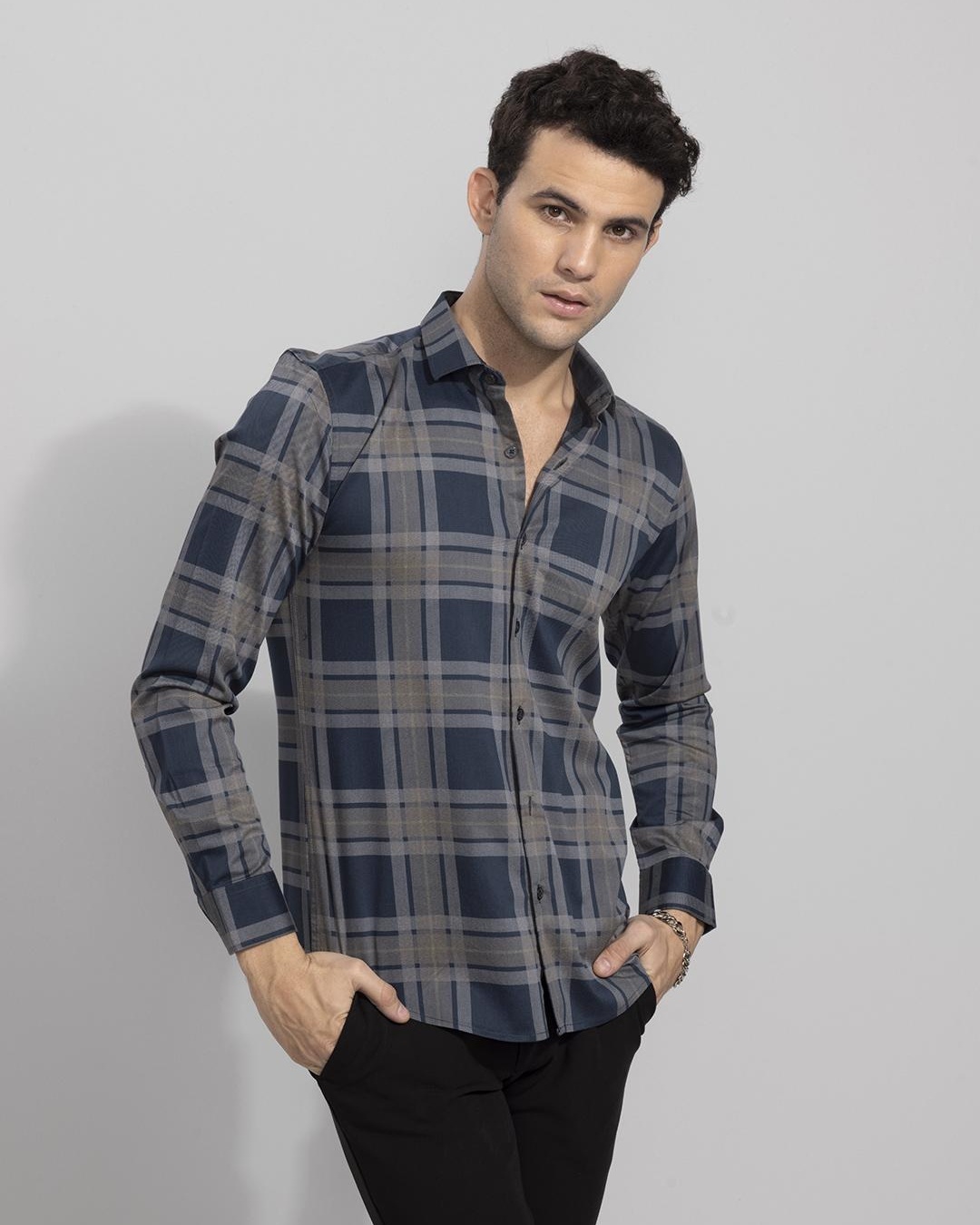 Shop Men's Blue & Grey Checked Slim Fit Shirt-Back