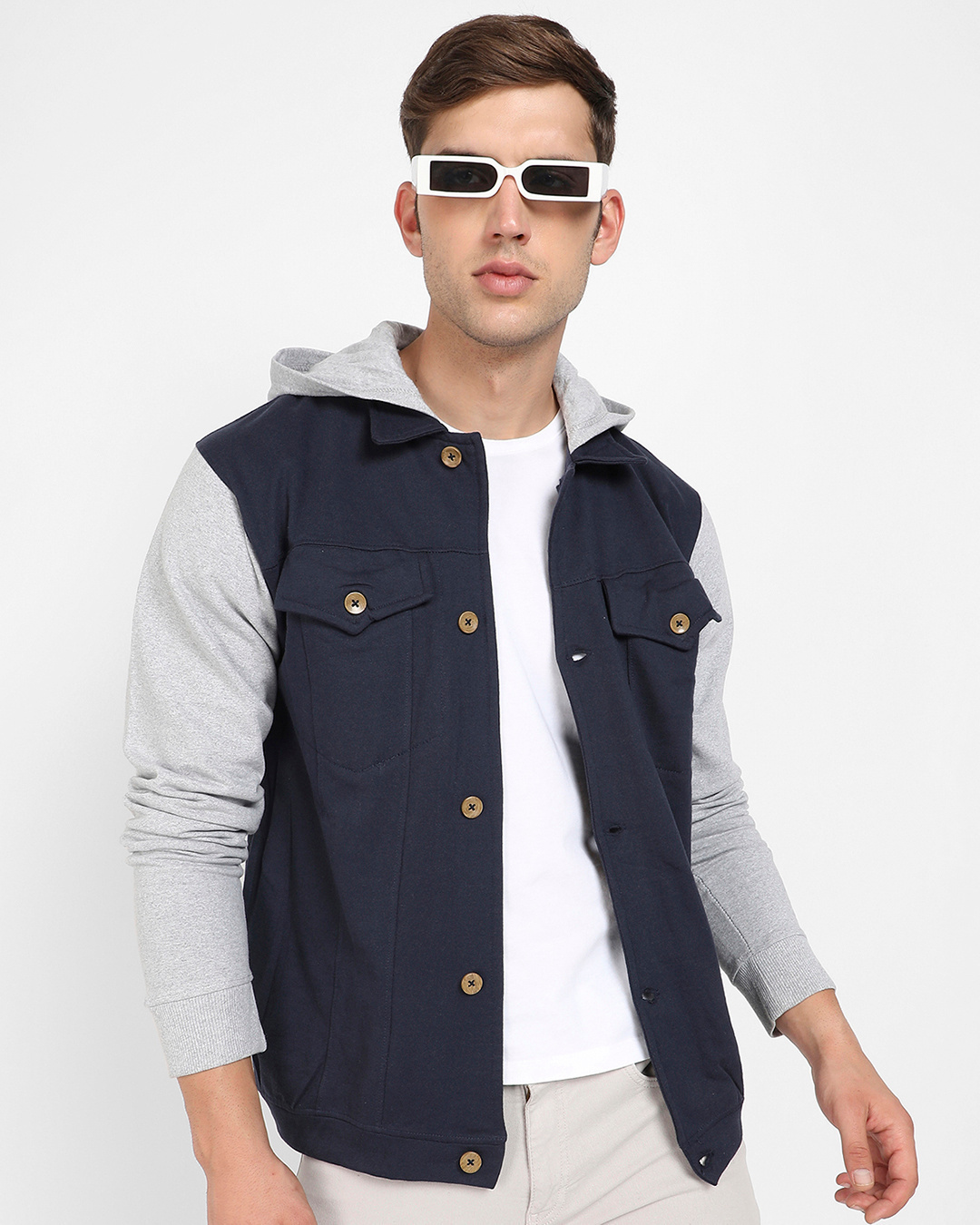Buy Men's Blue & Grey Color Block Hooded Jacket Online at Bewakoof