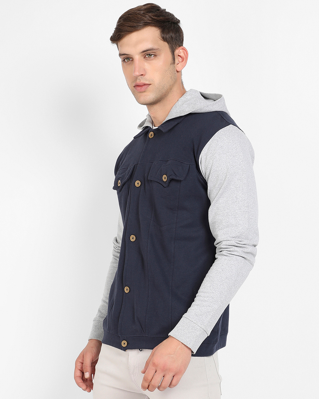 Shop Men's Blue & Grey Color Block Hooded Jacket-Back