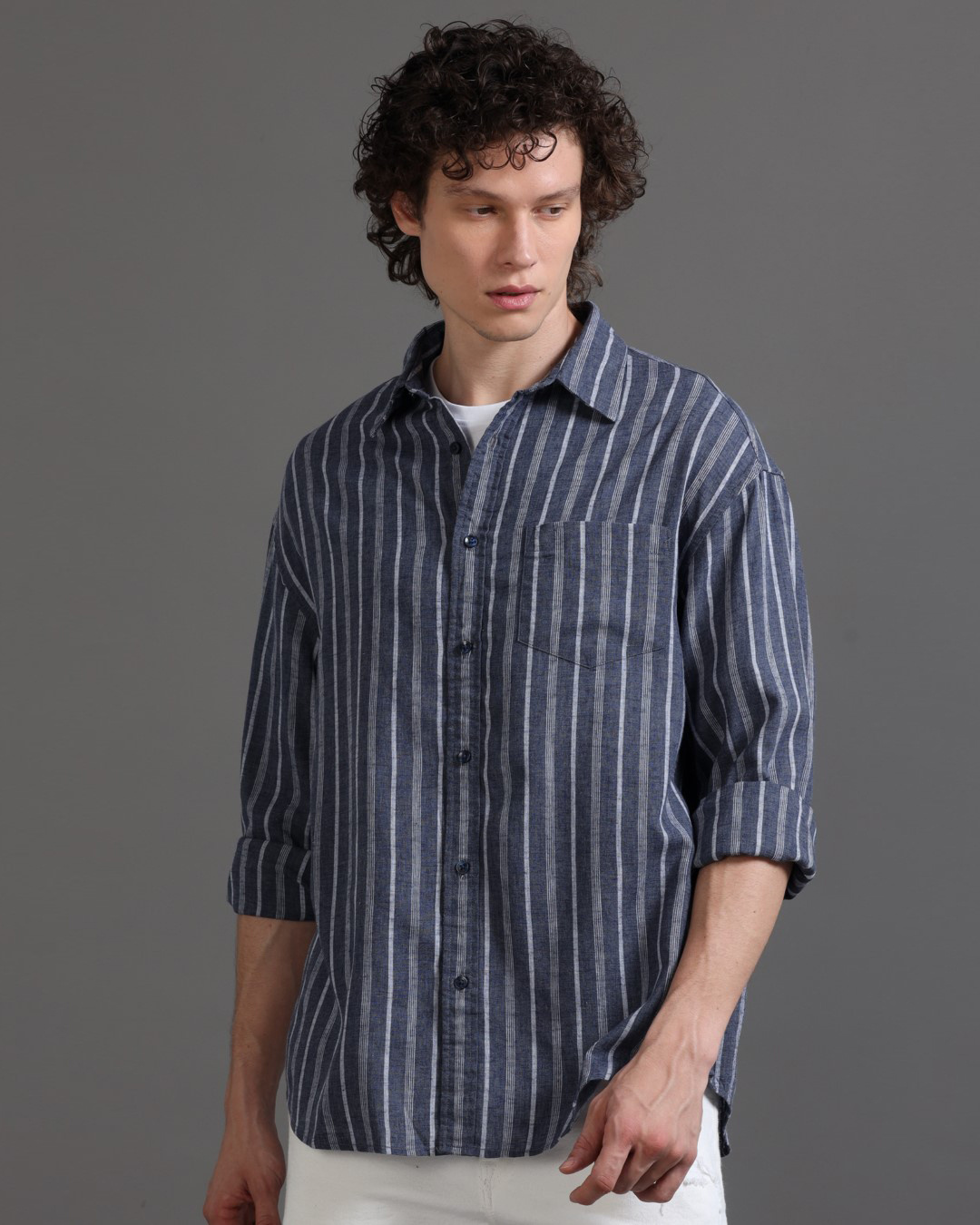 Buy Men's Blue & Grey Striped Oversized Shirt Online at Bewakoof