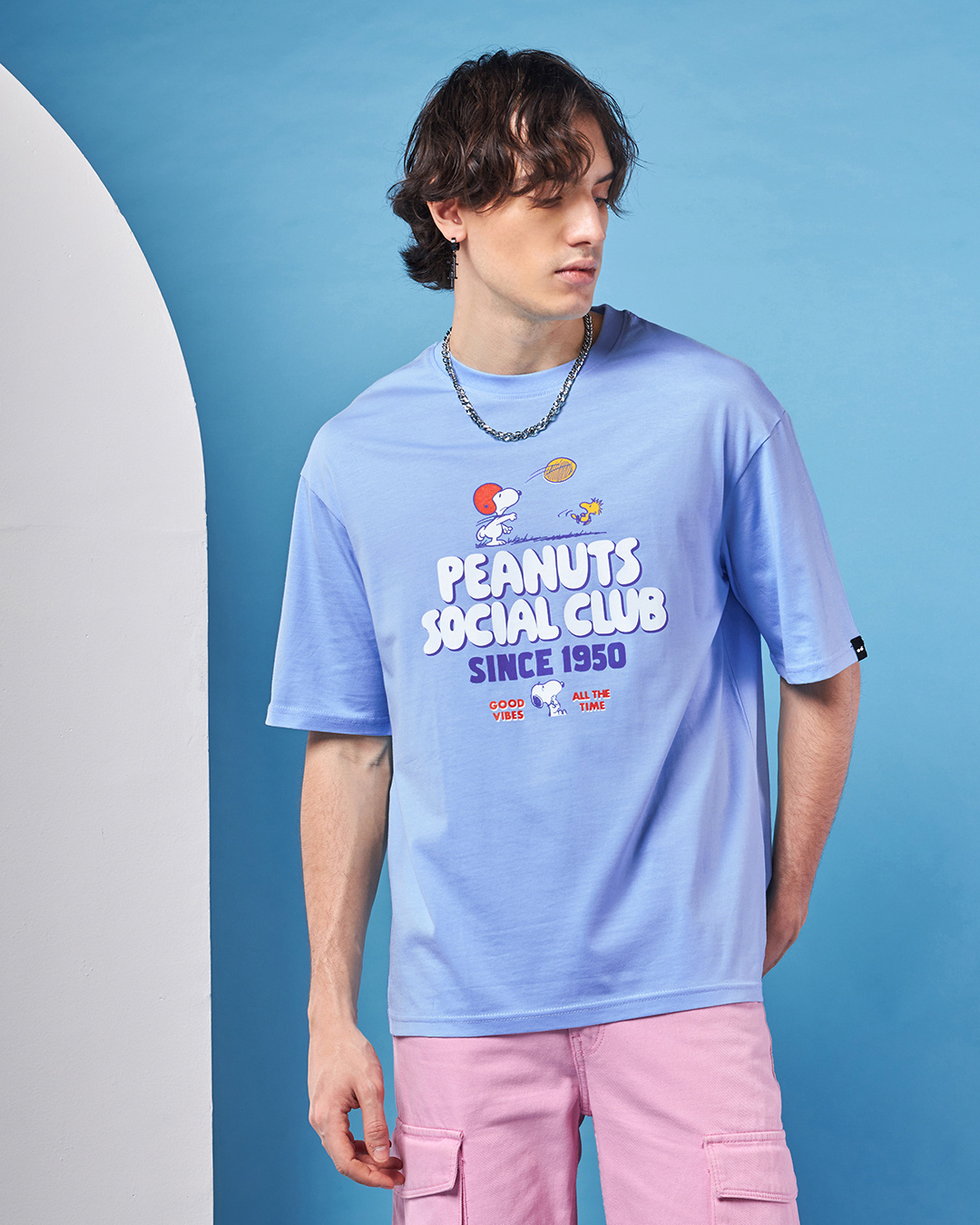 Shop Men's Blue Hang In Around Graphic Printed Oversized T-shirt-Back