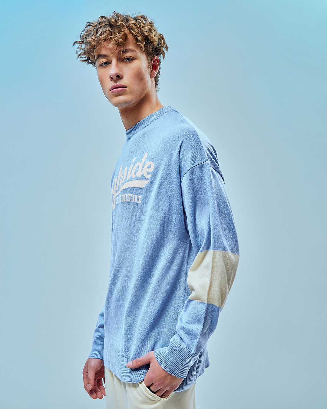 Shop Men's Blue High Side Typography Flatknit Sweater-Back