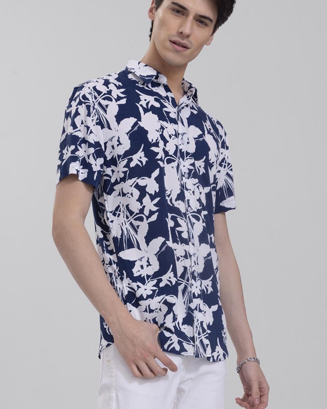 Shop Men's Blue Hydra Leaf Floral Printed Slim Fit Shirt-Back