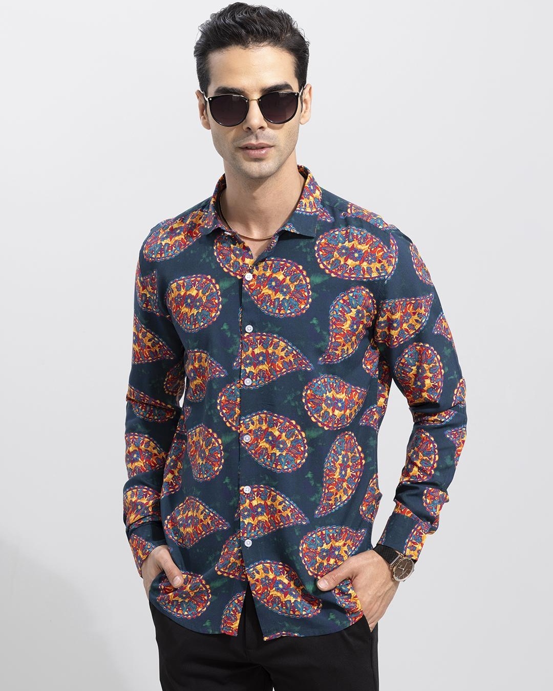 Buy Men's Blue Indo-Iranian Paisley Printed Slim Fit Shirt for Men Blue ...