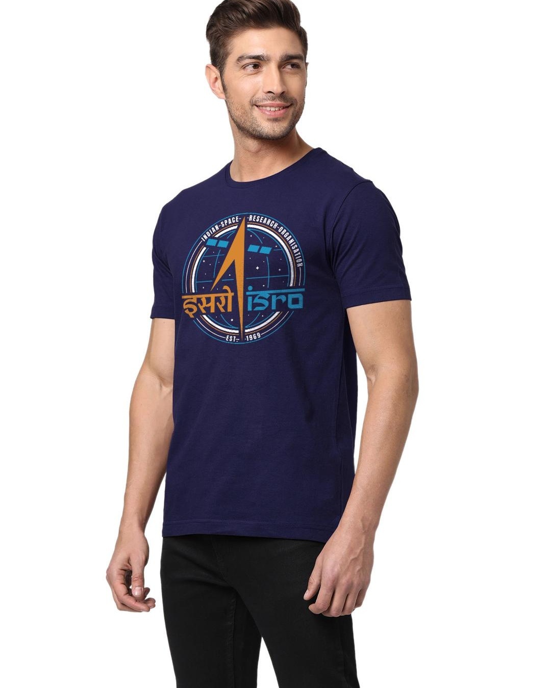 Buy Men's Blue ISRO Emblem Graphic Printed T-shirt for Men Blue Online ...