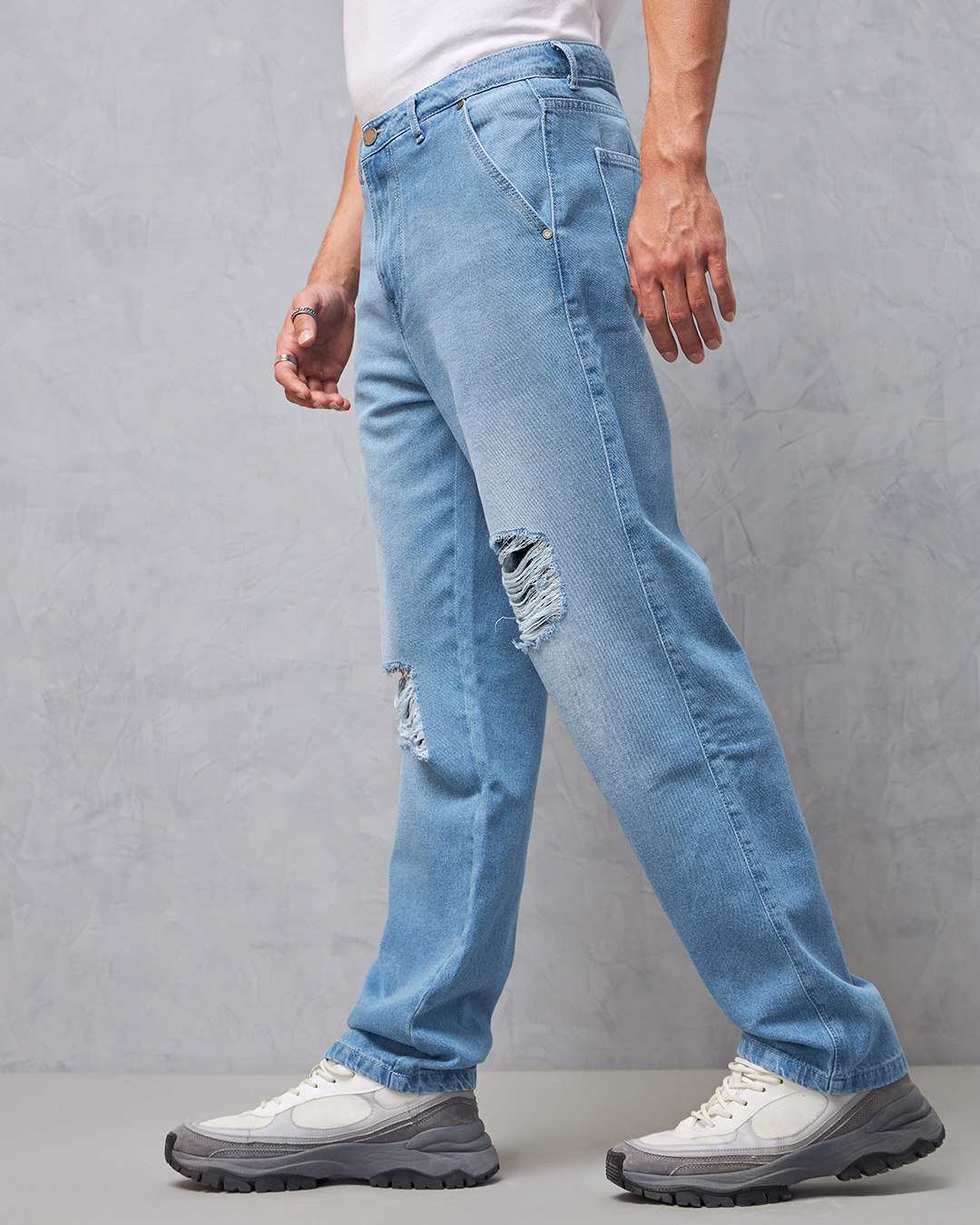 Shop Men's Blue Baggy Distressed Jeans-Back