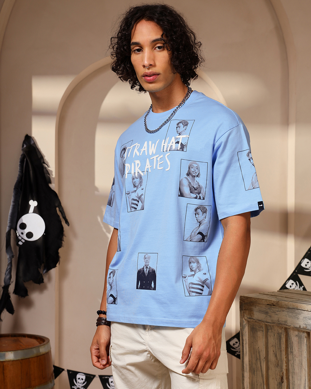 Shop Men's Blue King Of Pirates Graphic Printed Oversized T-shirt-Back