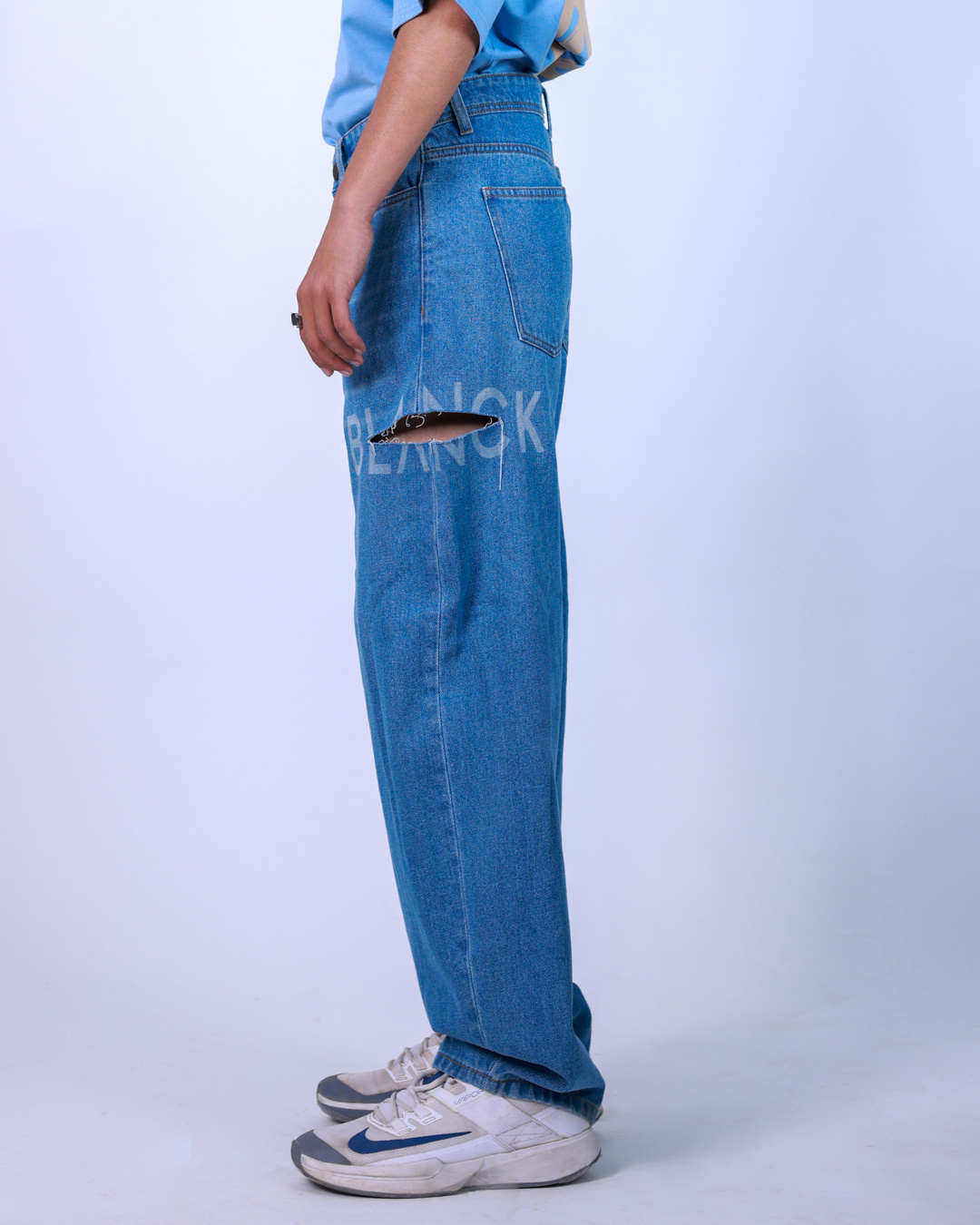 Shop Men's Blue Laser Cut Baggy Oversized Jeans-Back