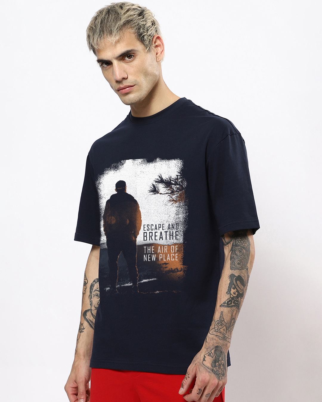 Shop Men's Blue Make Tracks Graphic Printed Oversized T-shirt-Back