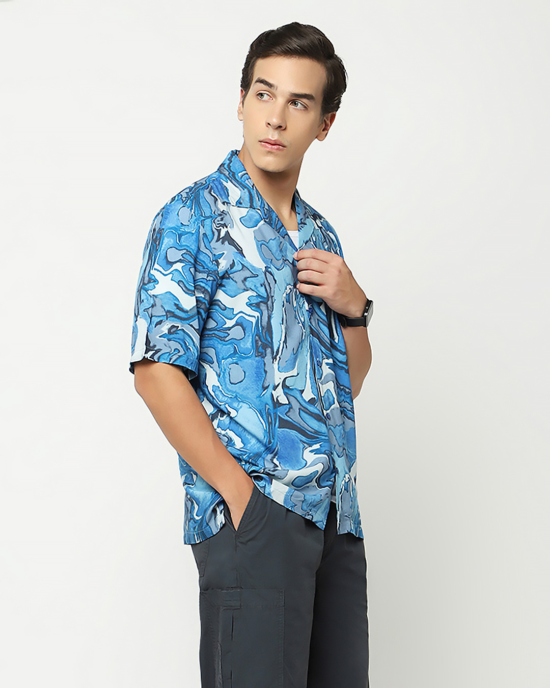 Shop Men's Blue Marble Printed Oversized Shirt-Back